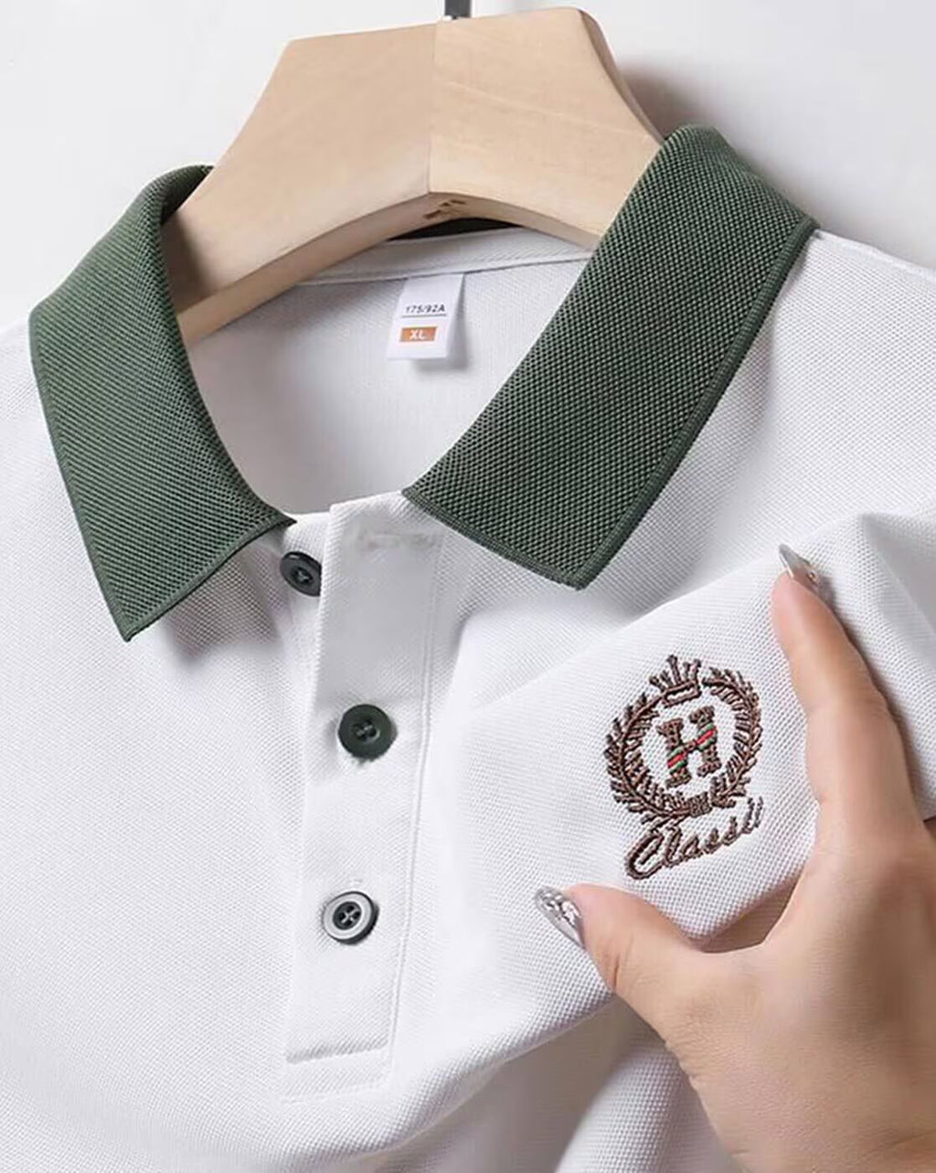 Men’s White Polo T-Shirt with Green Collar – Premium Cotton Short Sleeve T-shirt
