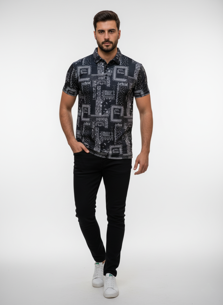 Men's Premium Printed Polo T-Shirt | Stylish Geometric Pattern Half Sleeve Casual Polo Tee | Regular Fit Summer Wear